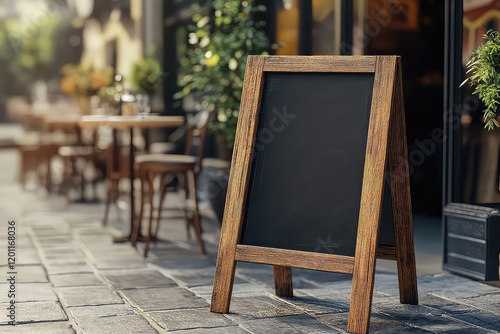 A high-quality mockup of a sidewalk signboard with a blank chalkboard surface, placed outside a cafÃ©.