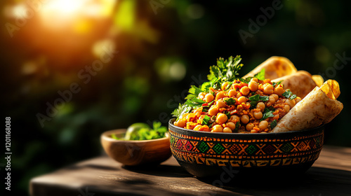 Ethiopian Shiro Firfir chickpea stew, served with injera and colorful traditional pottery, [African vegetarian cuisine, cultural vibrancy] photo