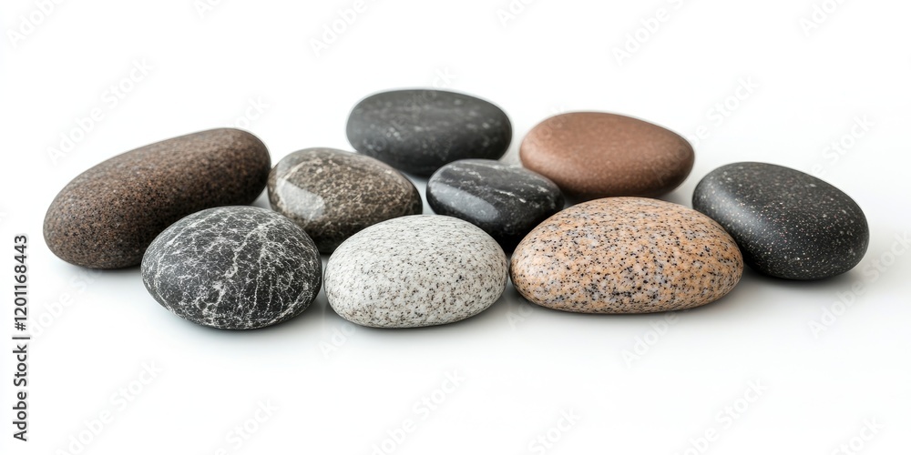 Assorted smooth spa stones in various shades of brown gray and black arranged in a natural layout on a clean white background for tranquility. Assorted smooth spa stones in various shades of brown gray and black arranged in a natural layout on a clean white background for tranquility.