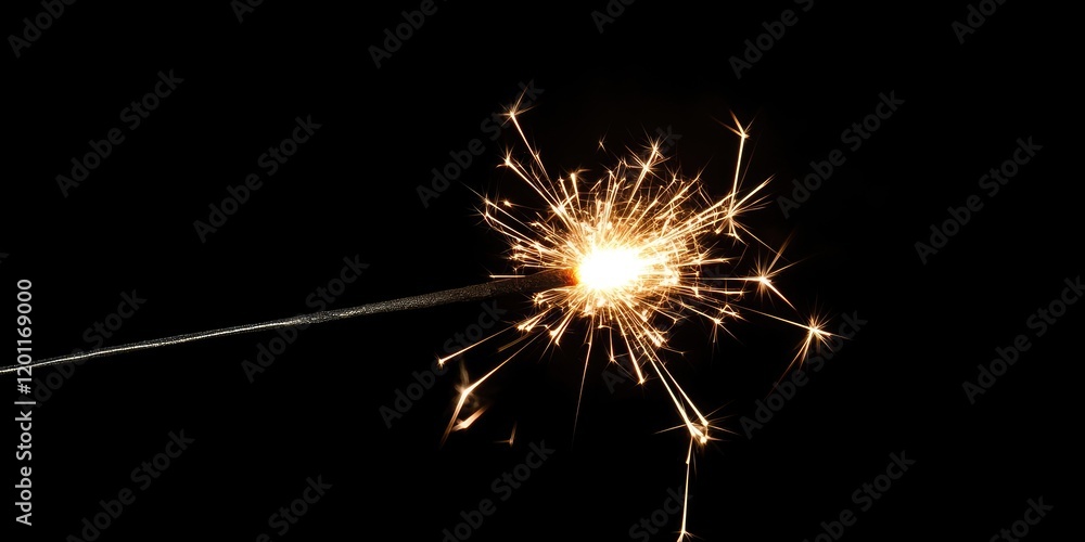 Bright sparkler emitting golden sparks against a solid black background, positioned slightly left-center, capturing vibrant light trails and energy. Bright sparkler emitting golden sparks against a solid black background, positioned slightly left-center, capturing vibrant light trails and energy.