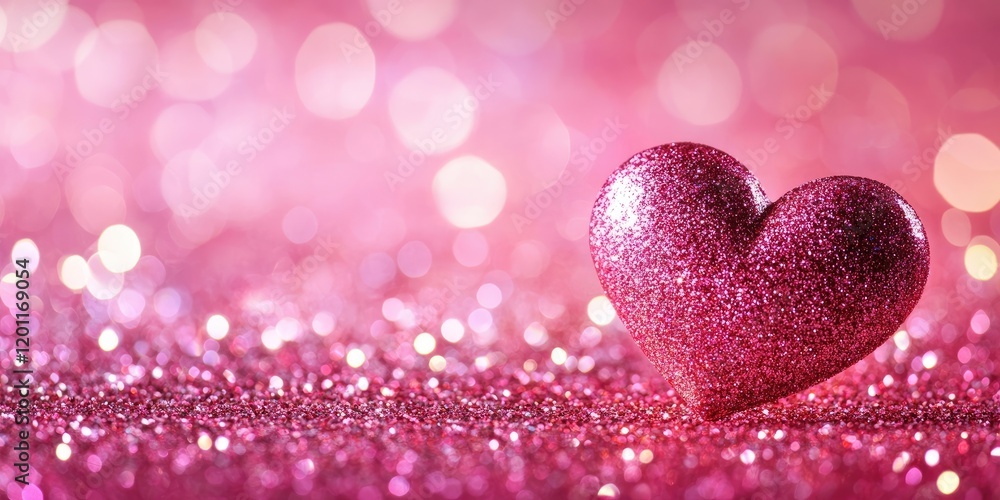 Glittering pink heart resting on a shimmering pink glitter backdrop with out-of-focus bokeh lights providing empty text space for Valentine's Day. Glittering pink heart resting on a shimmering pink glitter backdrop with out-of-focus bokeh lights providing empty text space for Valentine's Day.