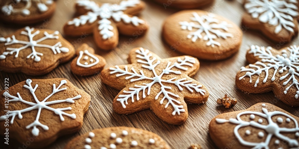 Christmas-themed spiced cookies decorated with white icing in various snowflake and festive shapes arranged on a rustic wooden table Christmas-themed spiced cookies decorated with white icing in various snowflake and festive shapes arranged on a rustic wooden table