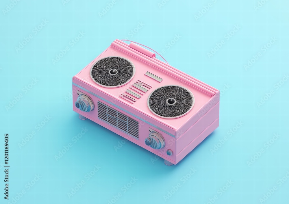 Obraz premium Pink retro boombox on a blue background. world radio day