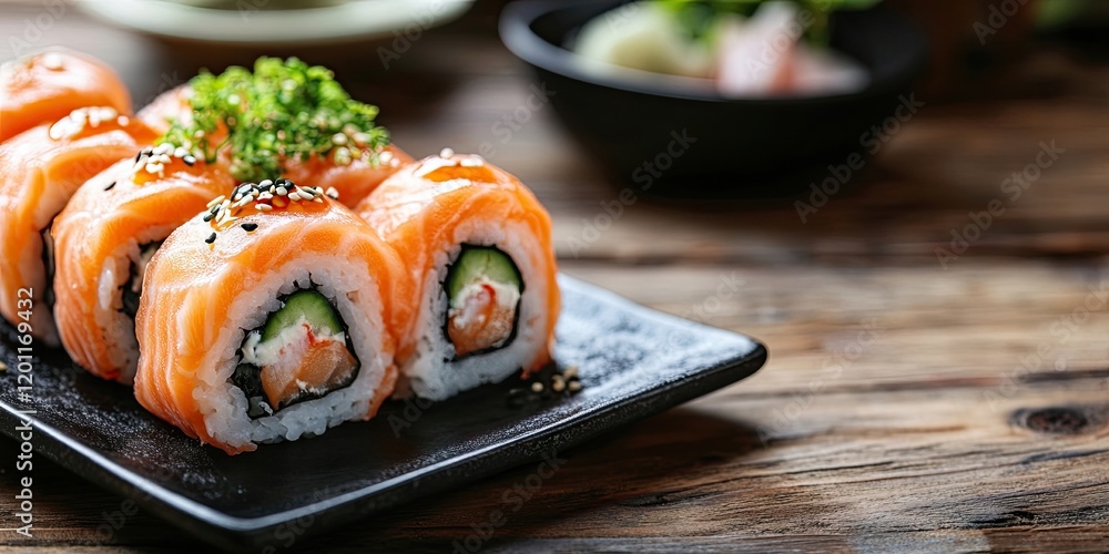 Spicy salmon sushi rolls on a black plate with green garnish positioned right, wooden table background, ample copy space left for text. Spicy salmon sushi rolls on a black plate with green garnish positioned right, wooden table background, ample copy space left for text.
