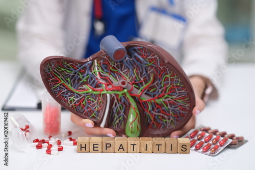 An informative image showing hepatitis aspects, with a liver model and key medications for effective treatment