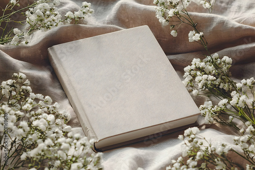 A blank book mockup resting on a textured linen surface, surrounded by soft, airy gypsophila flowers for a delicate and elegant touch.