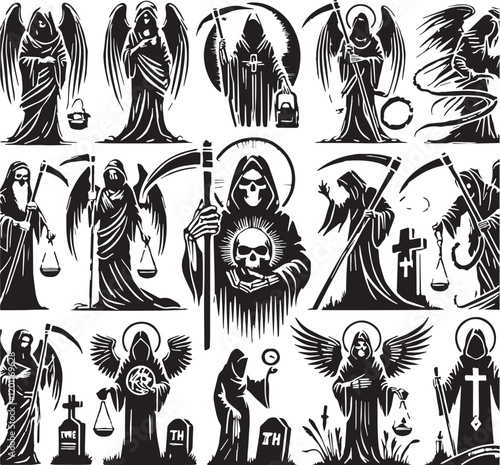 Black Color Grim reaper Silhouette Vector Illustration, Solid White Background