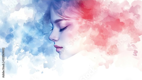 Fluid watercolor concept. A serene portrait showcasing a woman immersed in reflective thoughts and colorful emotions.