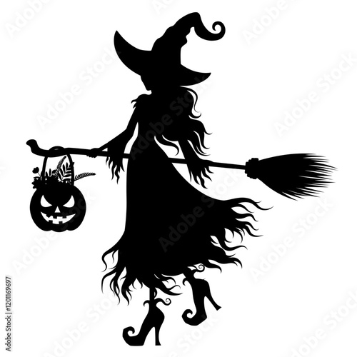 Black Witch in Halloween theme with her spooky pumpkin and magic broom. Vector illustration on white background.