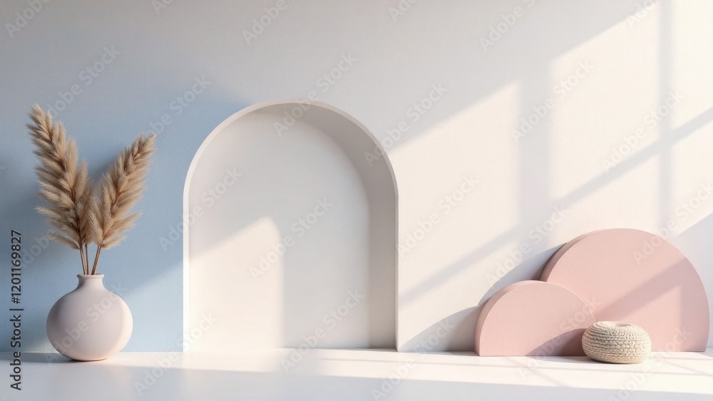 Fototapeta premium Serene Minimalist Interior with Arch Niche, Pampas Grass, and Pastel Pink Display Platforms