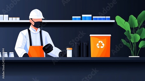 A masked worker sorts recyclable materials at a waste processing plant photo