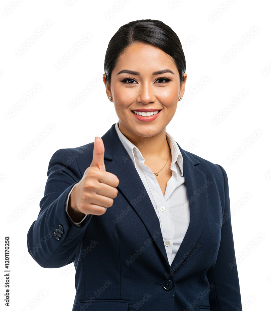 A charismatic businesswoman with a friendly smile, wearing a modern professional suit, giving a thumbs-up sign on a white background A charismatic businesswoman with a friendly smile, wearing a modern professional suit, giving a thumbs-up sign on a white background
