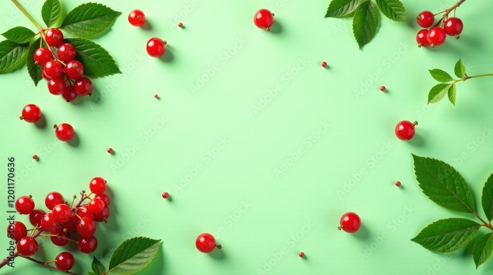 Vibrant Red Berries and Lush Green Foliage Arranged Artistically on a Light Green Background, Creating a Delightful and Natural Frame Vibrant Red Berries and Lush Green Foliage Arranged Artistically on a Light Green Background, Creating a Delightful and Natural Frame