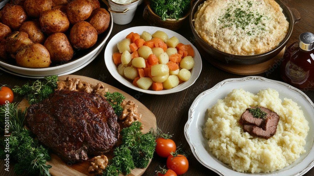 Austrian cuisine vector banners. Roast beef esterhazy and tafelspitz, sauerkraut with sausage, meat stew goulash and potato salad, bread dumplings knodel, wiener schnitzel vector food Austrian cuisine vector banners. Roast beef esterhazy and tafelspitz, sauerkraut with sausage, meat stew goulash and potato salad, bread dumplings knodel, wiener schnitzel vector food