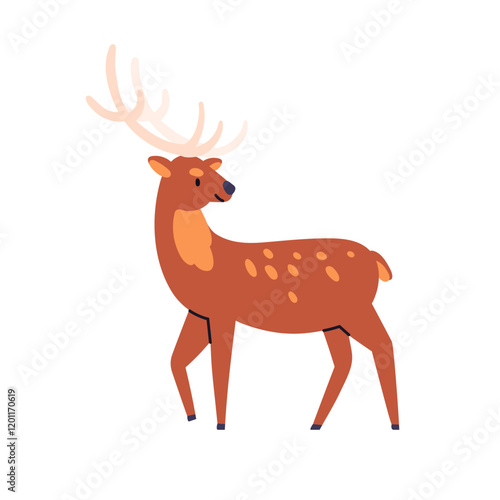 Deer, fawn with antlers and spotted fur. Cute wild animal, bambi with horns, looking back. Adorable forest character, baby fauna, mammal. Flat vector illustration isolated on white background