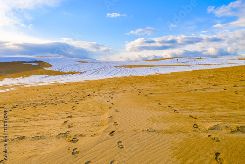 Fototapeta Naklejka Na Ścianę i Meble -  雪が積もった冬の鳥取県の鳥取砂丘　旅行