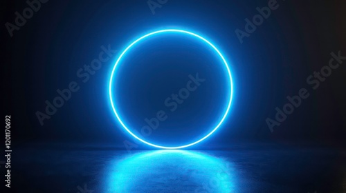 Wallpaper Mural Glowing blue neon circle light on dark background, reflecting on floor. Torontodigital.ca