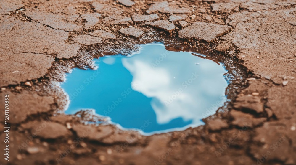 Fototapeta premium Sky Reflection in Small Puddle on Cracked Asphalt Road Surface