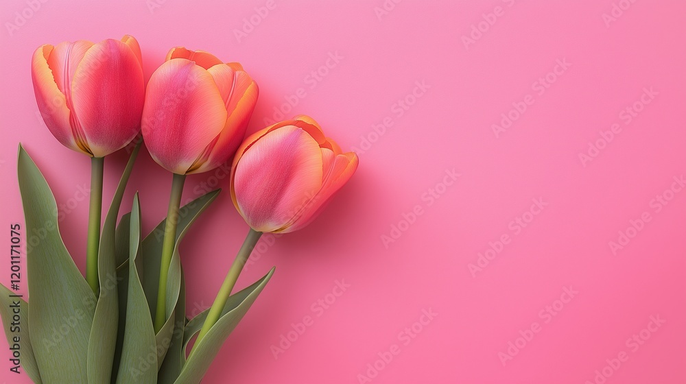 Obraz premium Vibrant tulips with green leaves and background.