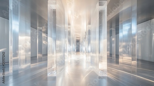 A futuristic installation featuring transparent crystal panels aligned in perfect symmetry  reflecting ambient light in a captivating manner