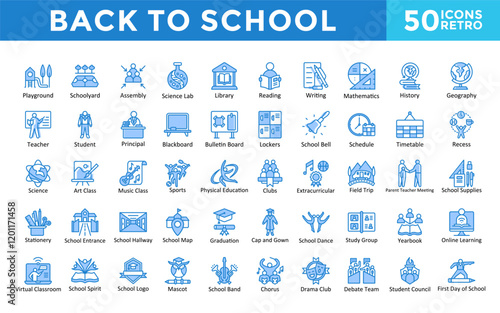 Back to School icon set with playground, schoolyard, assembly, science lab, library, reading, writing, mathematics, history, geography, education icon. Simple retro vector 
