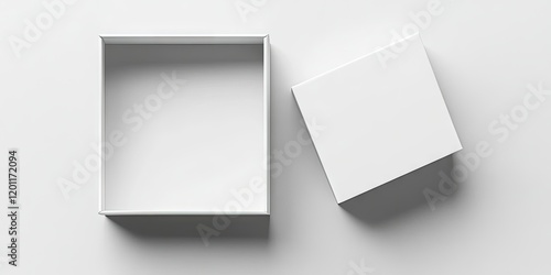 Minimalistic white square box cut out on a light grey background with the lid slightly off to the side showcasing an empty interior space. photo