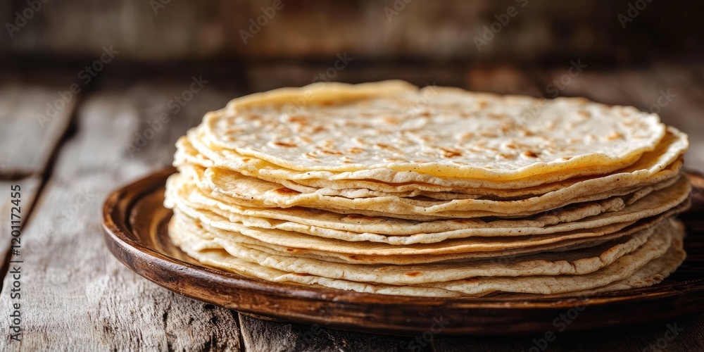 Stack of homemade whole wheat flour tortillas on a dark wooden plate against a rustic wooden table background with warm earthy tones