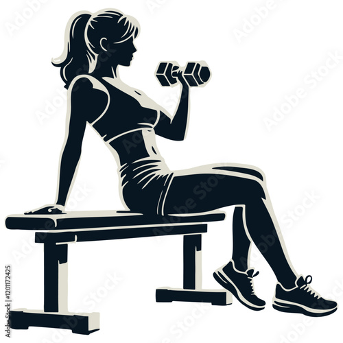 Woman Sit on Bench and  Do Workouts with Dumbbells. photo