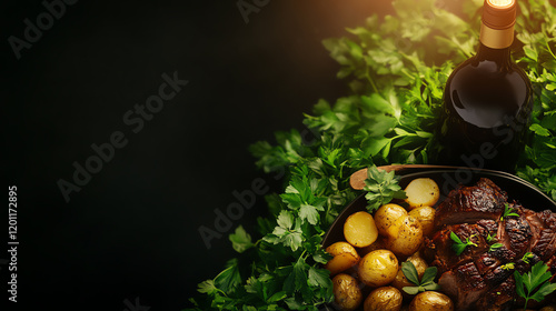 Greek Kleftiko slow-cooked lamb, served with roasted potatoes and herbs in a sunny countryside backdrop, [Mediterranean hearty meals, cultural depth] photo