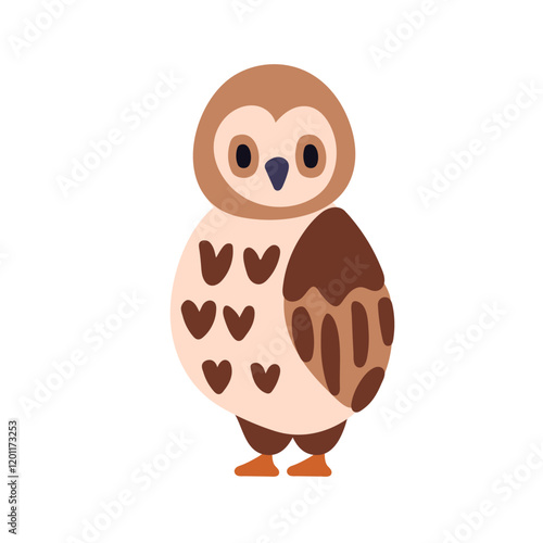 Owl, cute bird. Adorable funny owlet, wild forest birdie, looking, staring with surprise. Feathered animal character. Kids childish flat graphic vector illustration isolated on white background