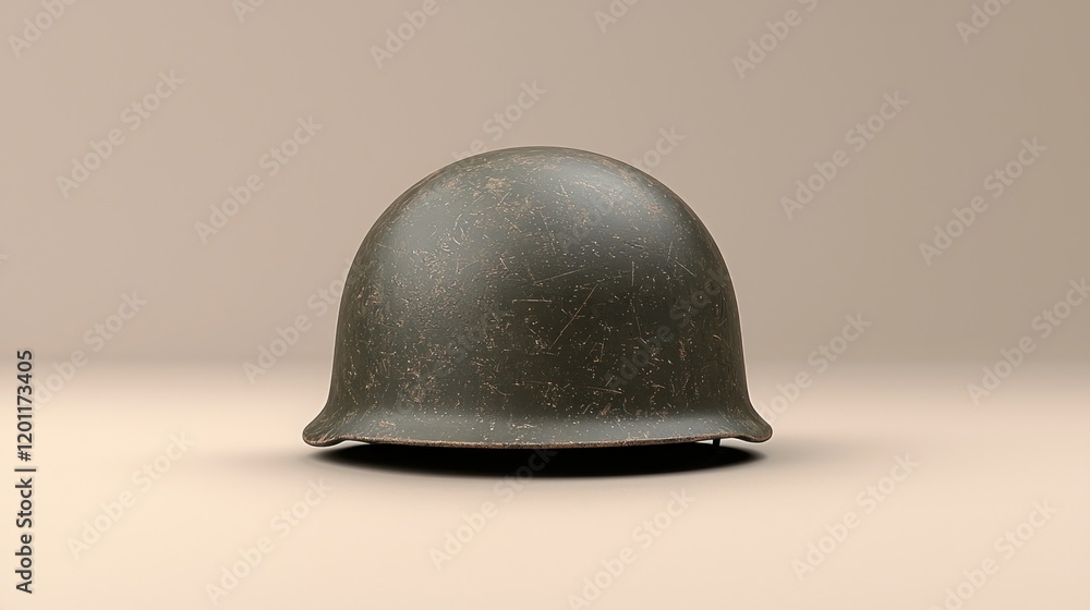 Fototapeta premium Weathered helmet, studio shot, beige backdrop, military history illustration