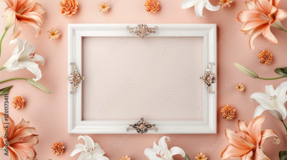 A blank white picture frame with bronze decorations centered encircled by tulips and daisies A blank white picture frame with bronze decorations centered encircled by tulips and daisies