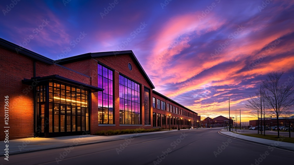 A vibrant sunset casts colorful reflections on a modern brick building. A vibrant sunset casts colorful reflections on a modern brick building.