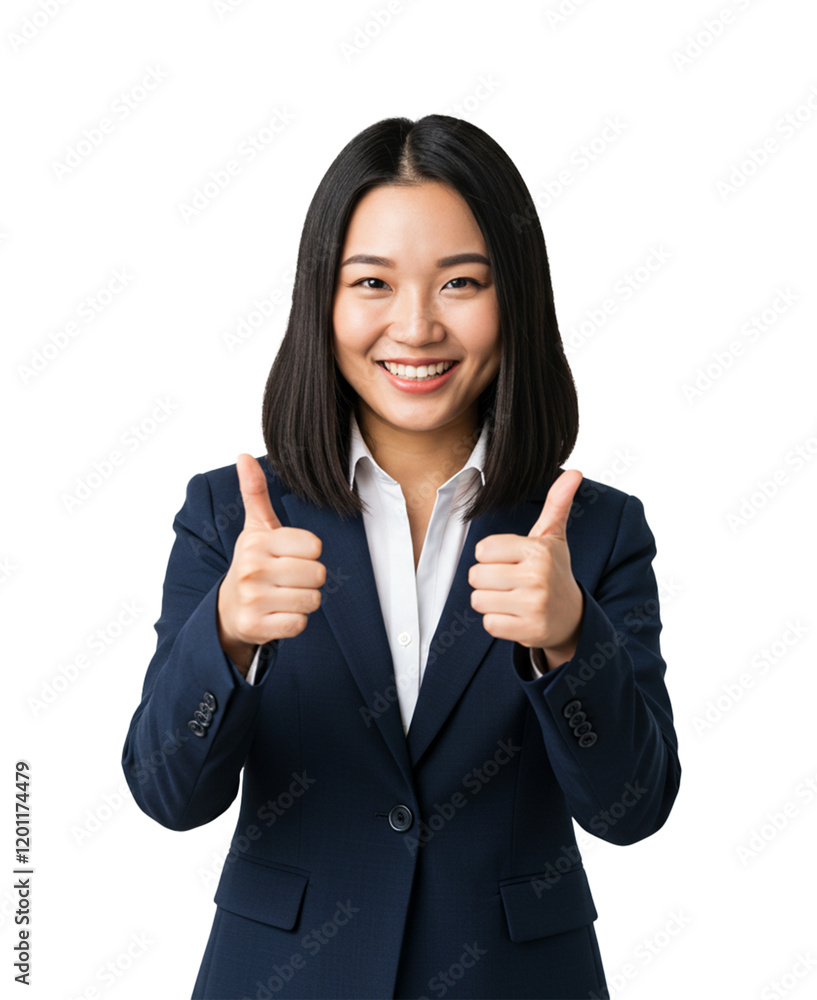 A confident young professional woman in a tailored suit, beaming with happiness and giving a thumbs-up on a white background A confident young professional woman in a tailored suit, beaming with happiness and giving a thumbs-up on a white background