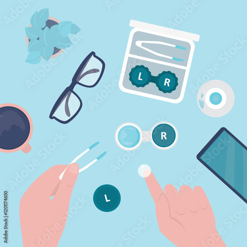 Human cleaning contact lenses on her hand, before putting them on, Health and eyes care concept. Top view. Elements for eyes care on desk. Contact lenses for vision correction
