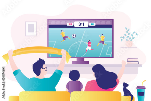 Football fans watching TV, celebrating victory, goal, winning score. Excited people cheering for favorite team. Family soccer supporters. Parents with kid watch match,