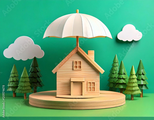 Generated Image, Model of umbrella with house on wooden table concept of the system of insurance savings and Housing insurance against impending loss and fire, building fire insurance concepts.	