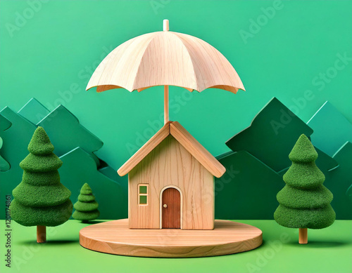 Generated Image, Model of umbrella with house on wooden table concept of the system of insurance savings and Housing insurance against impending loss and fire, building fire insurance concepts.	
