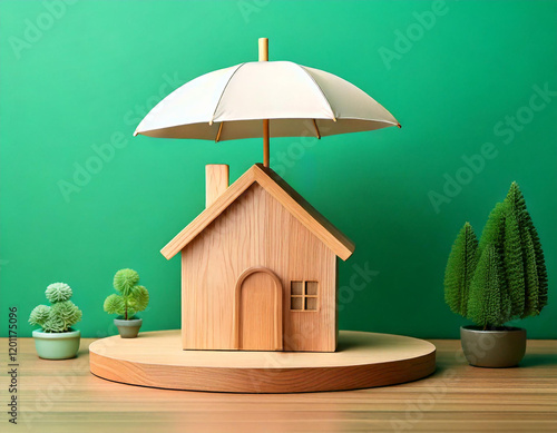 Generated Image, Model of umbrella with house on wooden table concept of the system of insurance savings and Housing insurance against impending loss and fire, building fire insurance