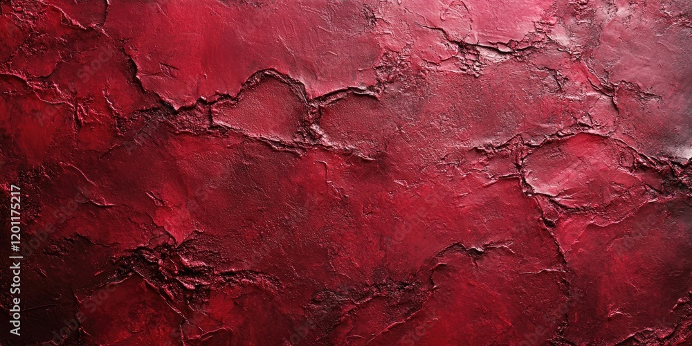 Fototapeta premium Rich dark red stucco wall with textured grunge finish displaying deep creases and smooth areas, perfect for themes of love and celebration