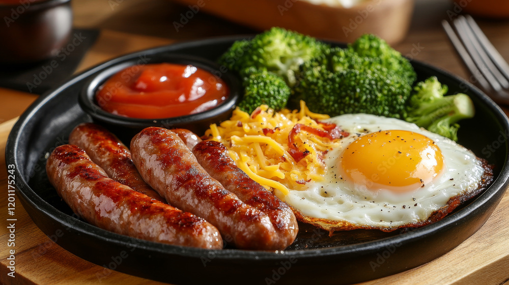Traditional breakfast of fried eggs and bacon, grilled sausages and broccoli vegetables, served with cheese, ketchup and napkins with knife and fork. Use as american or english cuisine theme design Traditional breakfast of fried eggs and bacon, grilled sausages and broccoli vegetables, served with cheese, ketchup and napkins with knife and fork. Use as american or english cuisine theme design