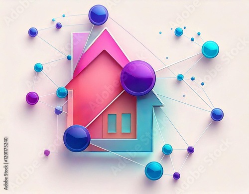Generated Image, House model with light line connect from point to point. Real estate agent offer house, property insurance and security, network communication technology concepts.