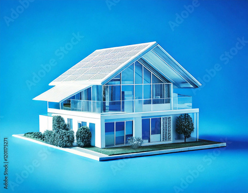 Generated Image, White house designed by architect on blue background, real estate investment concept.