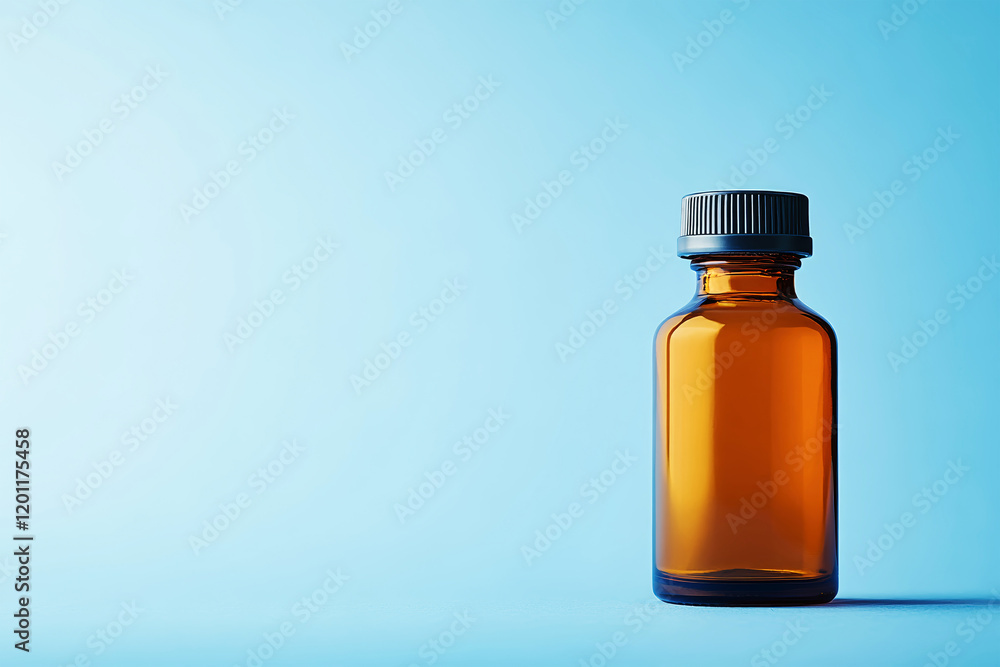 Bottled elixir for health in a tranquil setting with blue background delivering calmness and focus Bottled elixir for health in a tranquil setting with blue background delivering calmness and focus