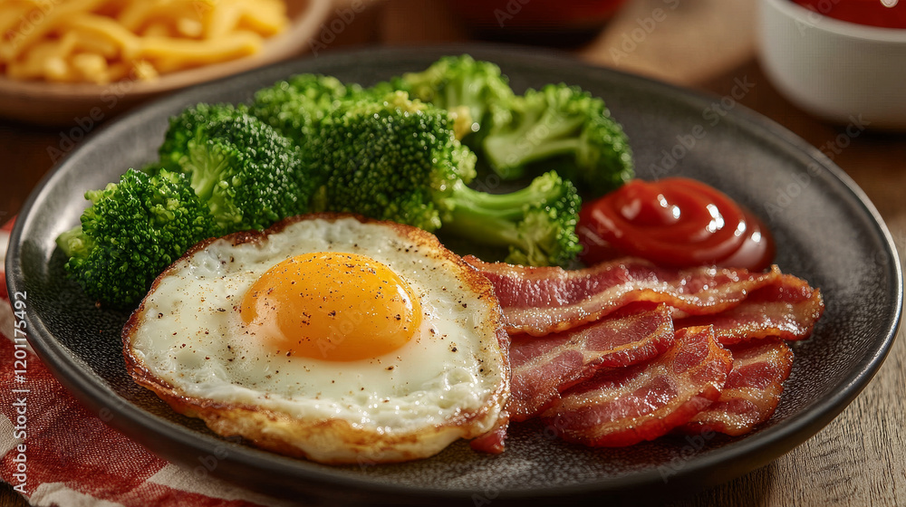 Traditional breakfast of fried eggs and bacon, grilled sausages and broccoli vegetables, served with cheese, ketchup and napkins with knife and fork. Use as american or english cuisine theme design Traditional breakfast of fried eggs and bacon, grilled sausages and broccoli vegetables, served with cheese, ketchup and napkins with knife and fork. Use as american or english cuisine theme design