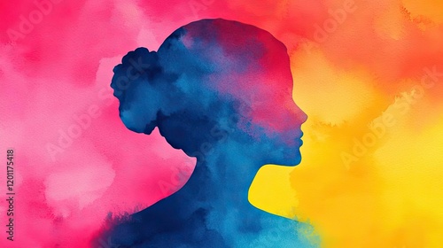 Fluid watercolor concept. Artistic silhouette of a woman against vibrant colorful watercolor background.