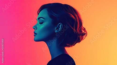 Fluid watercolor concept. A profile of a woman against a vibrant, colorful background, embodying tranquility and beauty.