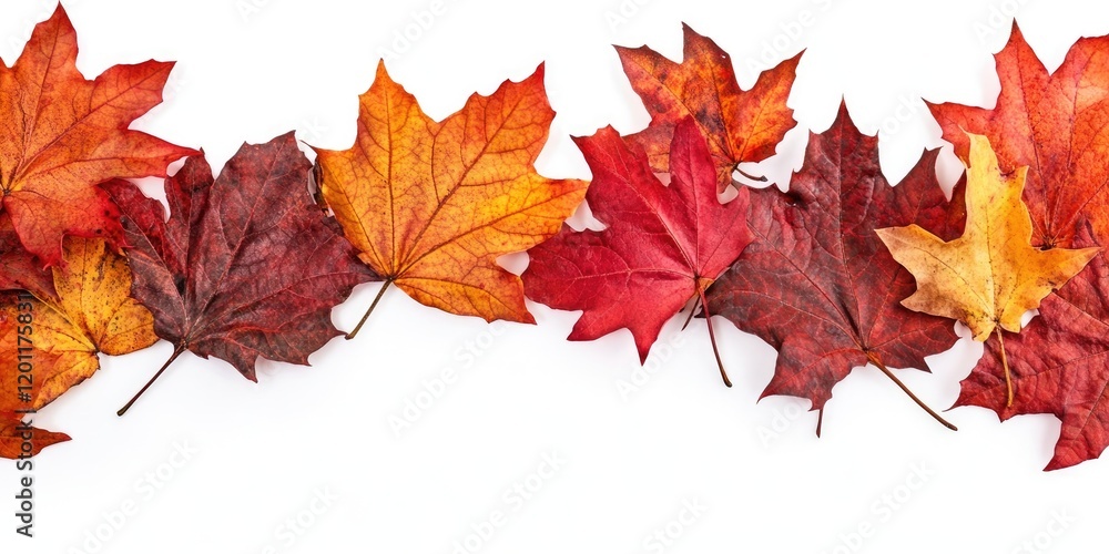 Autumn leaves in vibrant red orange and yellow shades arranged horizontally on a clean white background ideal for text overlay design Autumn leaves in vibrant red orange and yellow shades arranged horizontally on a clean white background ideal for text overlay design