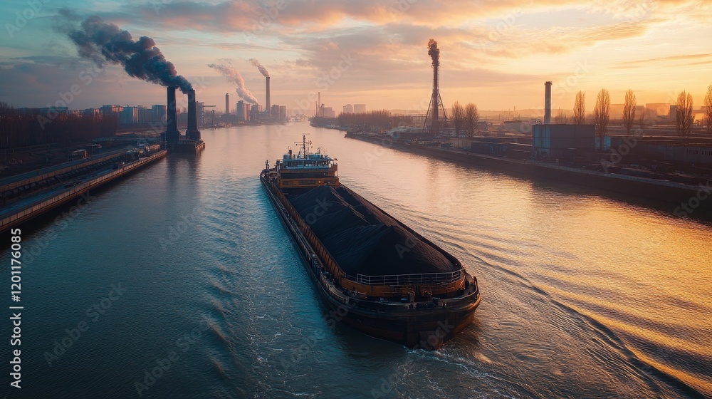 Naklejka premium Barge navigates river near industrial structures during sunset.