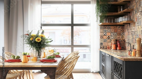 Moroccan zellige tiles enhance a bright and inviting kitchen space with a modern, stylish design
